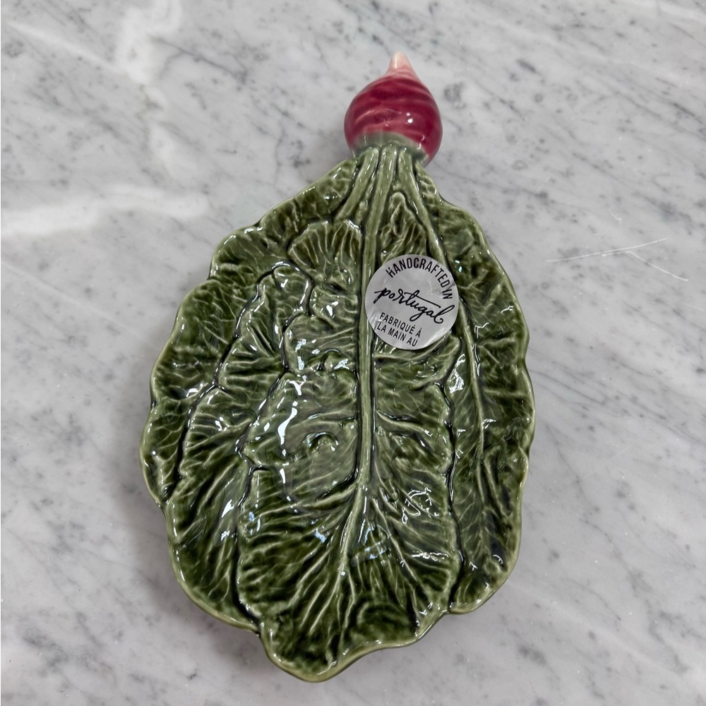 Handcrafted Portugal Ceramic Leaf Dish with Turnip Accent